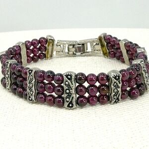 Triple Strand Garnet Bead Bracelet Silver Tone Filigree Spacers Classic